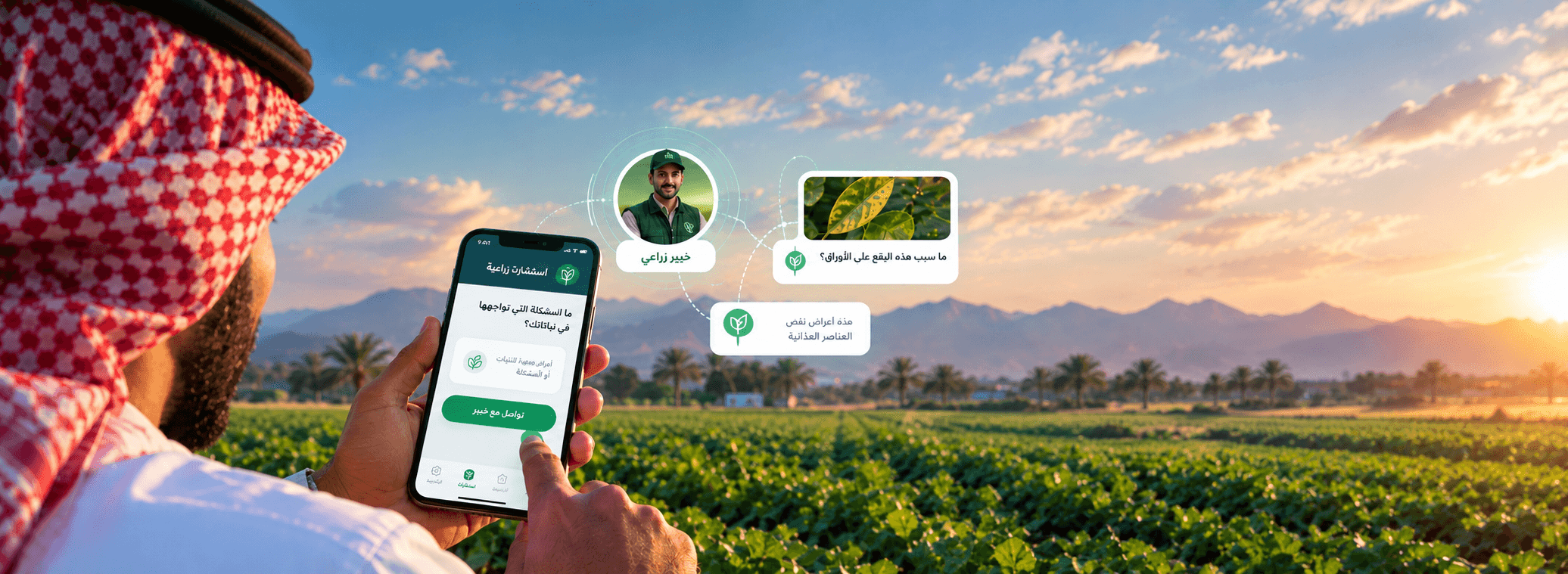 A farmer in a field photographs a diseased plant with his phone and receives advice in a RABL chat