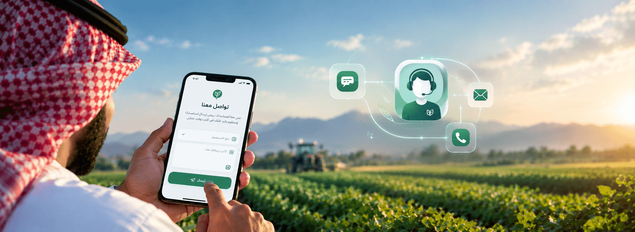 A farmer in his field sends a message from the RABL "Contact us" form on his phone, with support icons for chat, phone and e-mail