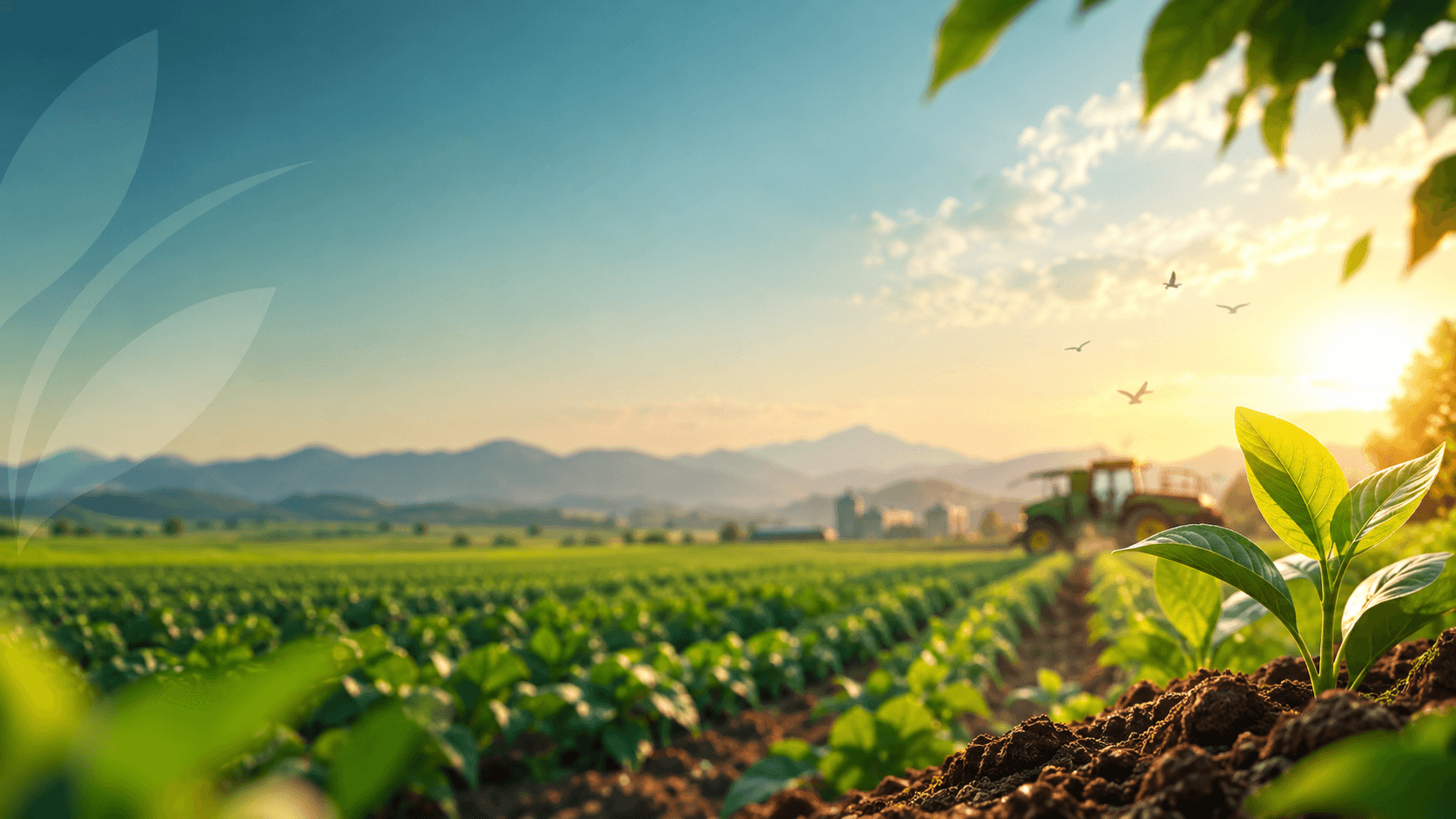 A young plant in rich soil at the front of a field at sunrise