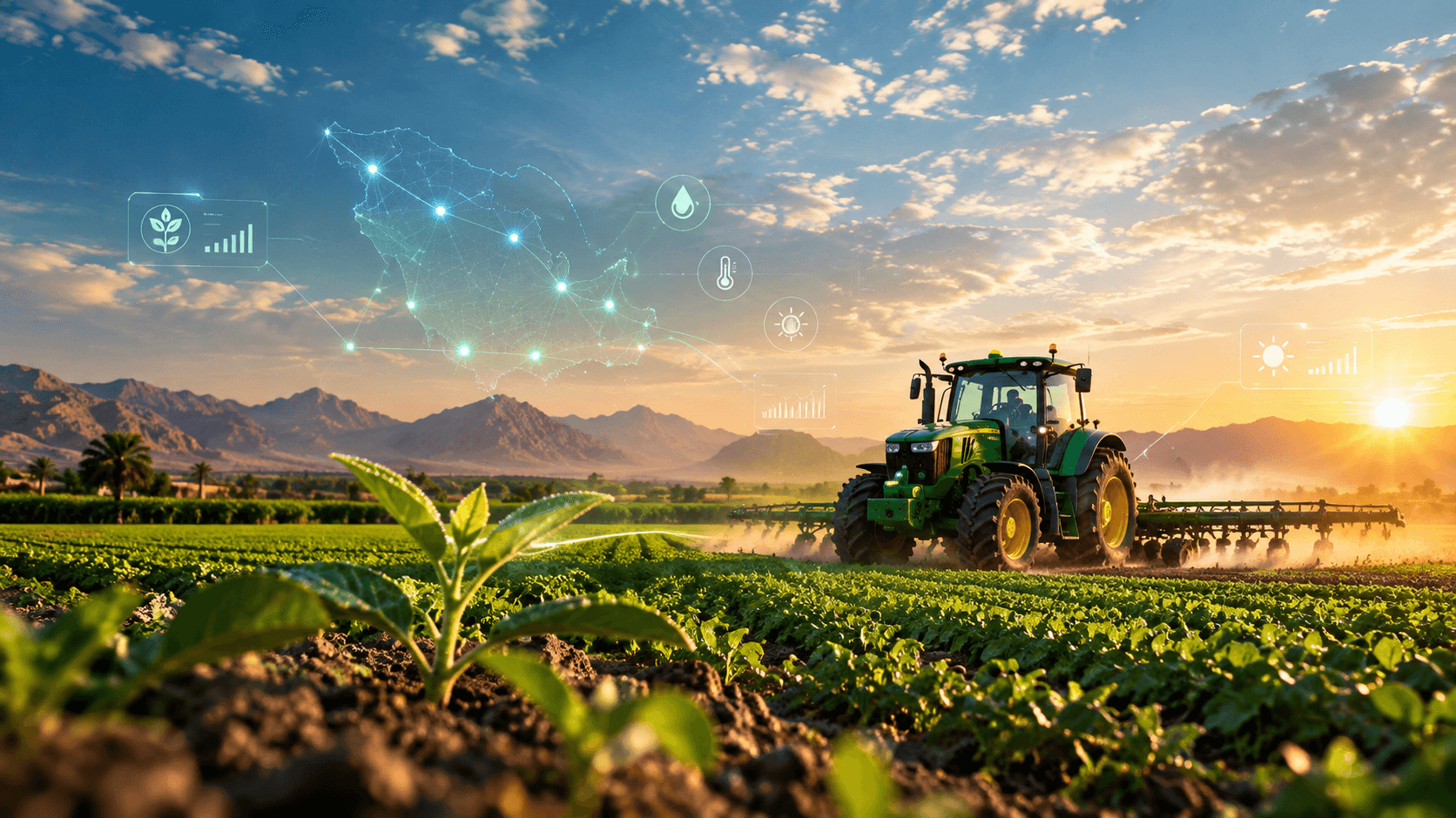 A tractor working a field at sunrise