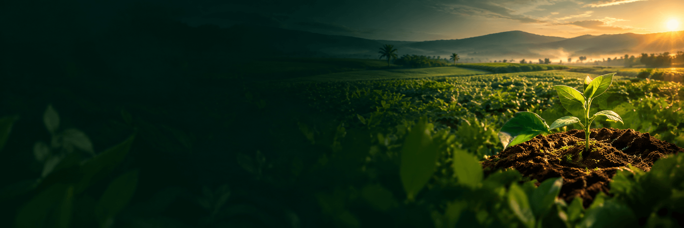 A young plant in rich soil in a green field at sunrise