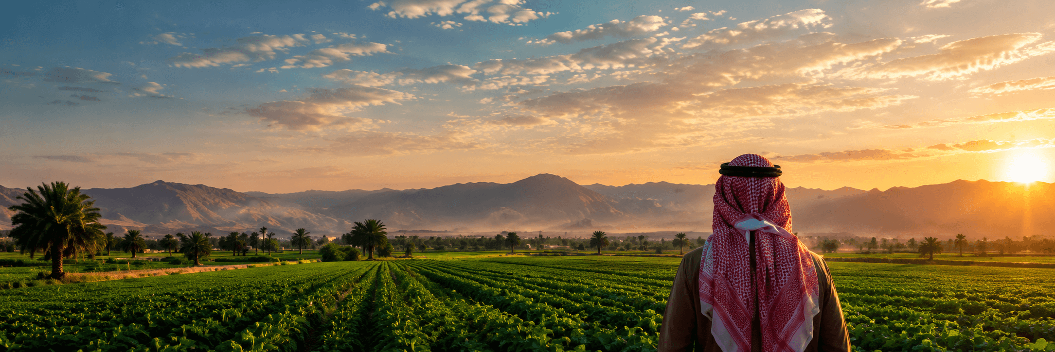 A Saudi farmer seen from behind, looking over green crop rows and palm trees towards mountains at sunrise
